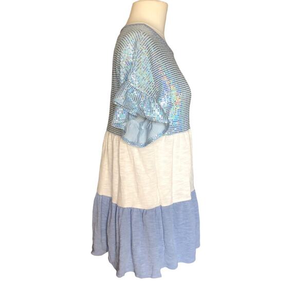Unbranded NWOT Ruffle Sleeve Babydoll Light Blue Sequin Ivory Denim Blue Top SM - Picture 4 of 11